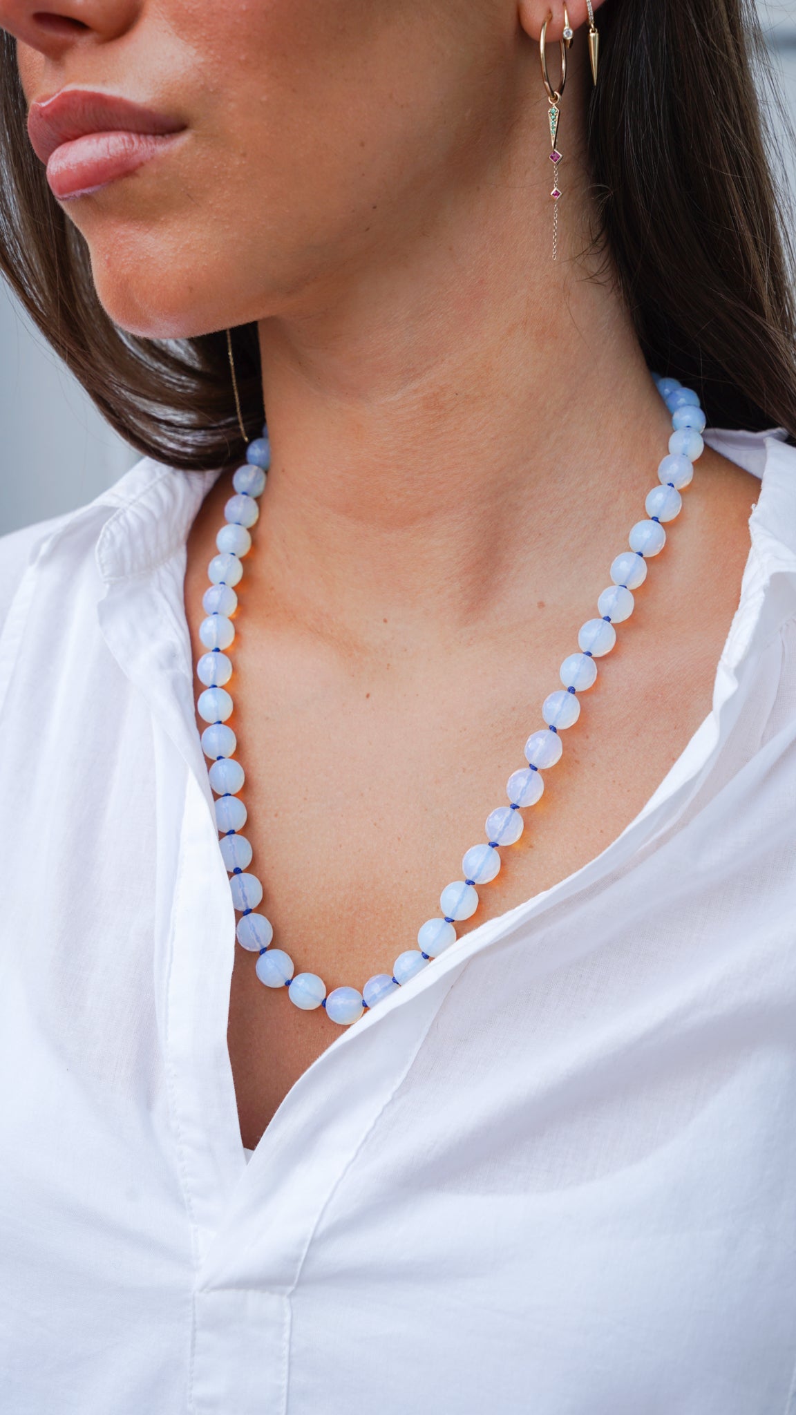 Opalite Faceted Bead Necklce on Dark Blue Silk