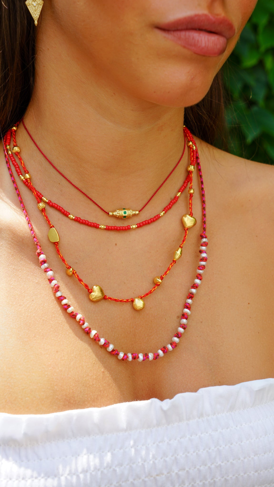 Red and Brown Cord Necklace with Pearls