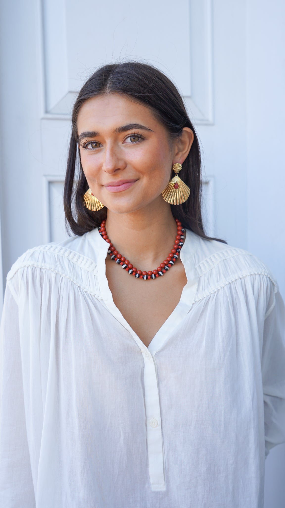 Gold Seashell Drop Earrings with Coral