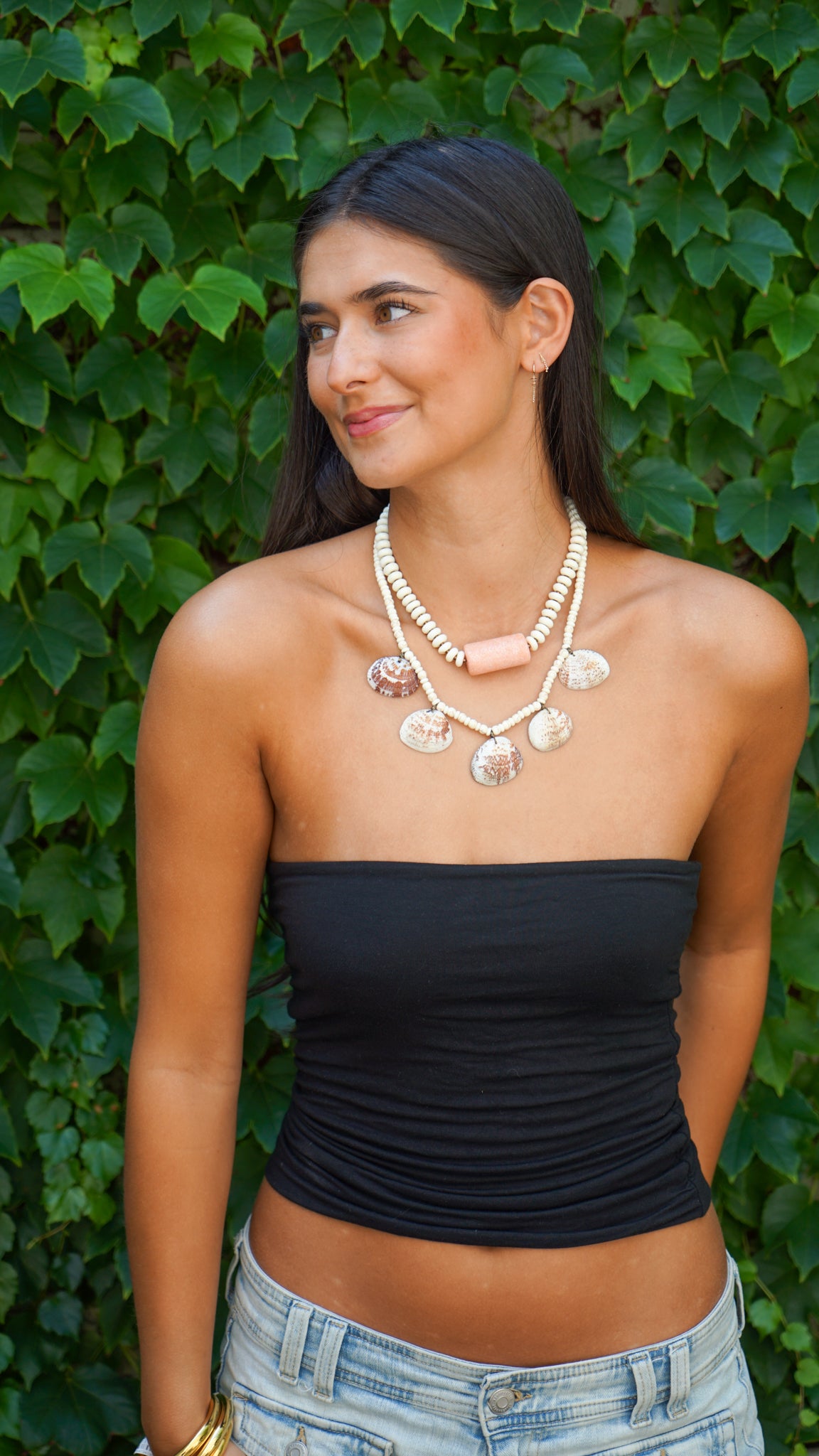 Clam Shell and Pink Coral Tube Double Strand Necklace