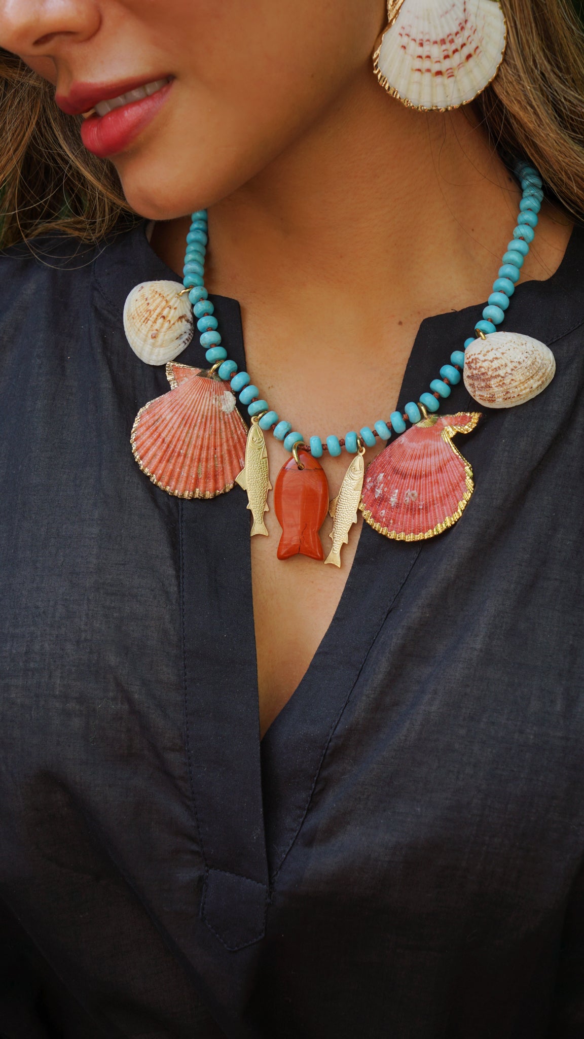Red Jasper Fish and Shells Charm Necklace