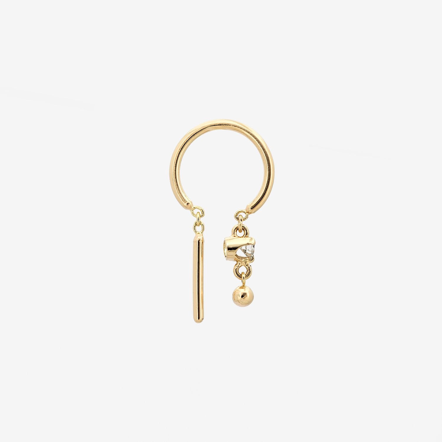 14k Small Threader-Style Dangling Hoop Earring with Diamond and Ball