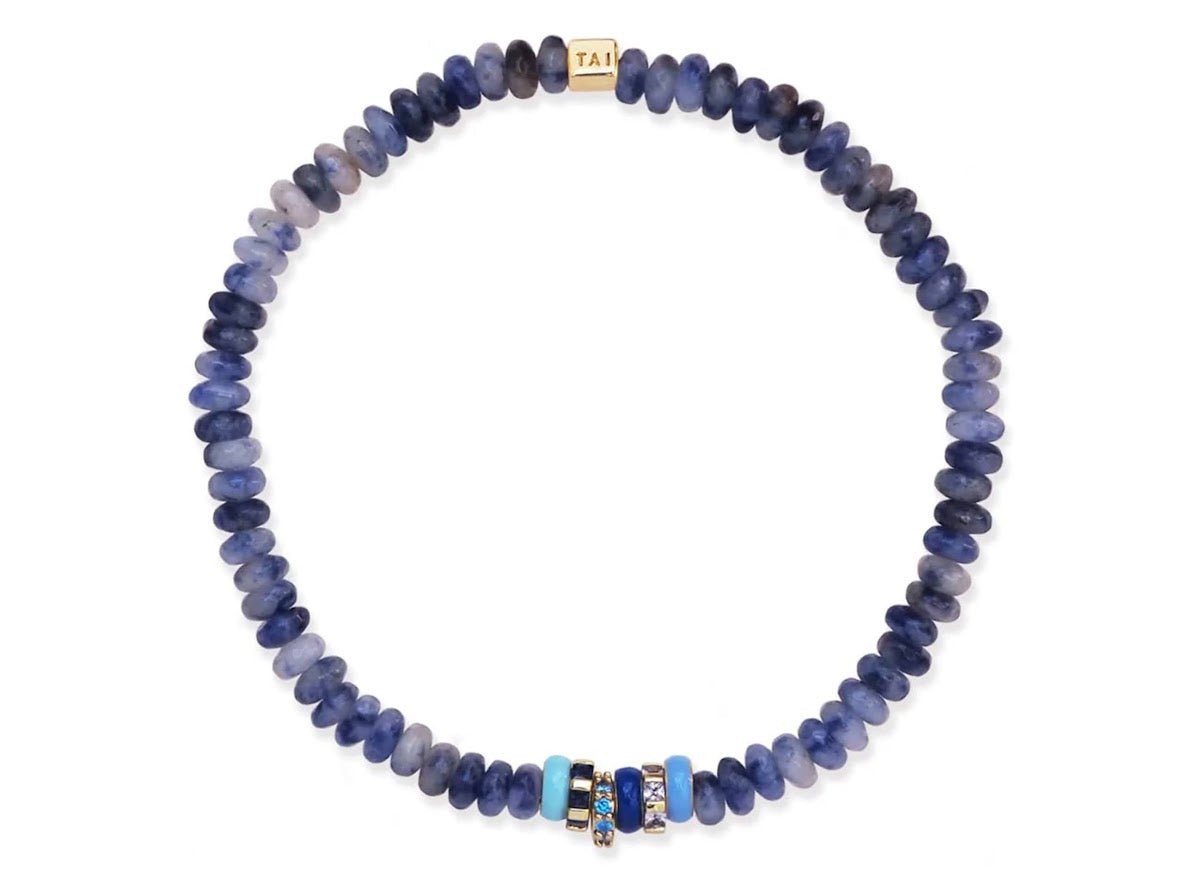 Blue Sodalite Bead Bracelet with Enamel and CZ Roundels
