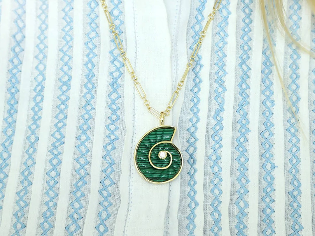 Malachite Nautilus Charm with CZ Center