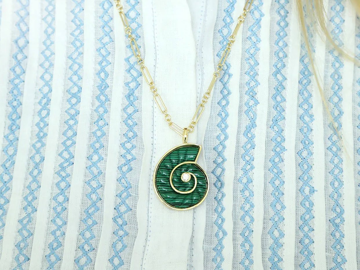 Malachite Nautilus Charm with CZ Center