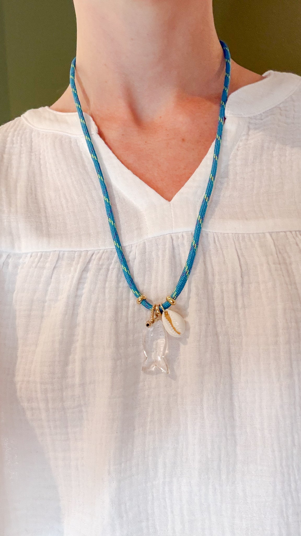 Clear Quartz Fish Charm with Puka Shell Paracord Necklace
