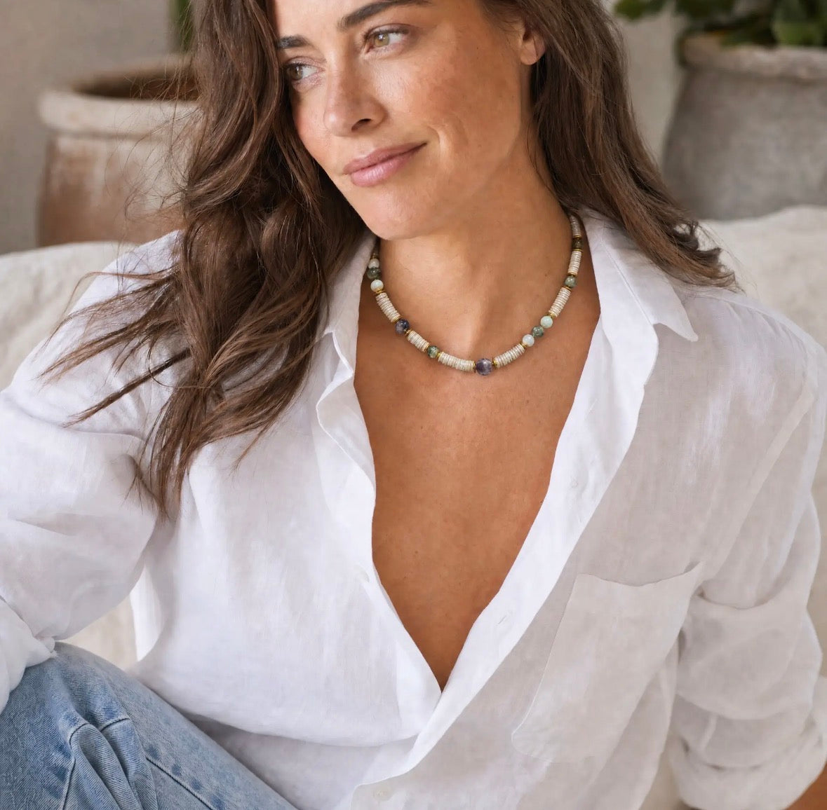 Freshwater Coin Pearl Necklace with Gemstones