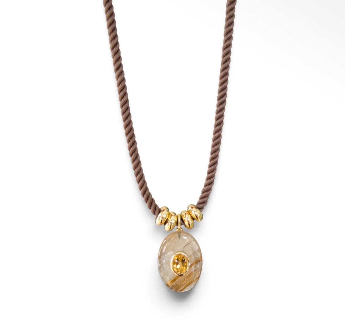 Rutilated Quartz and Citrine Charm on Cord Necklace