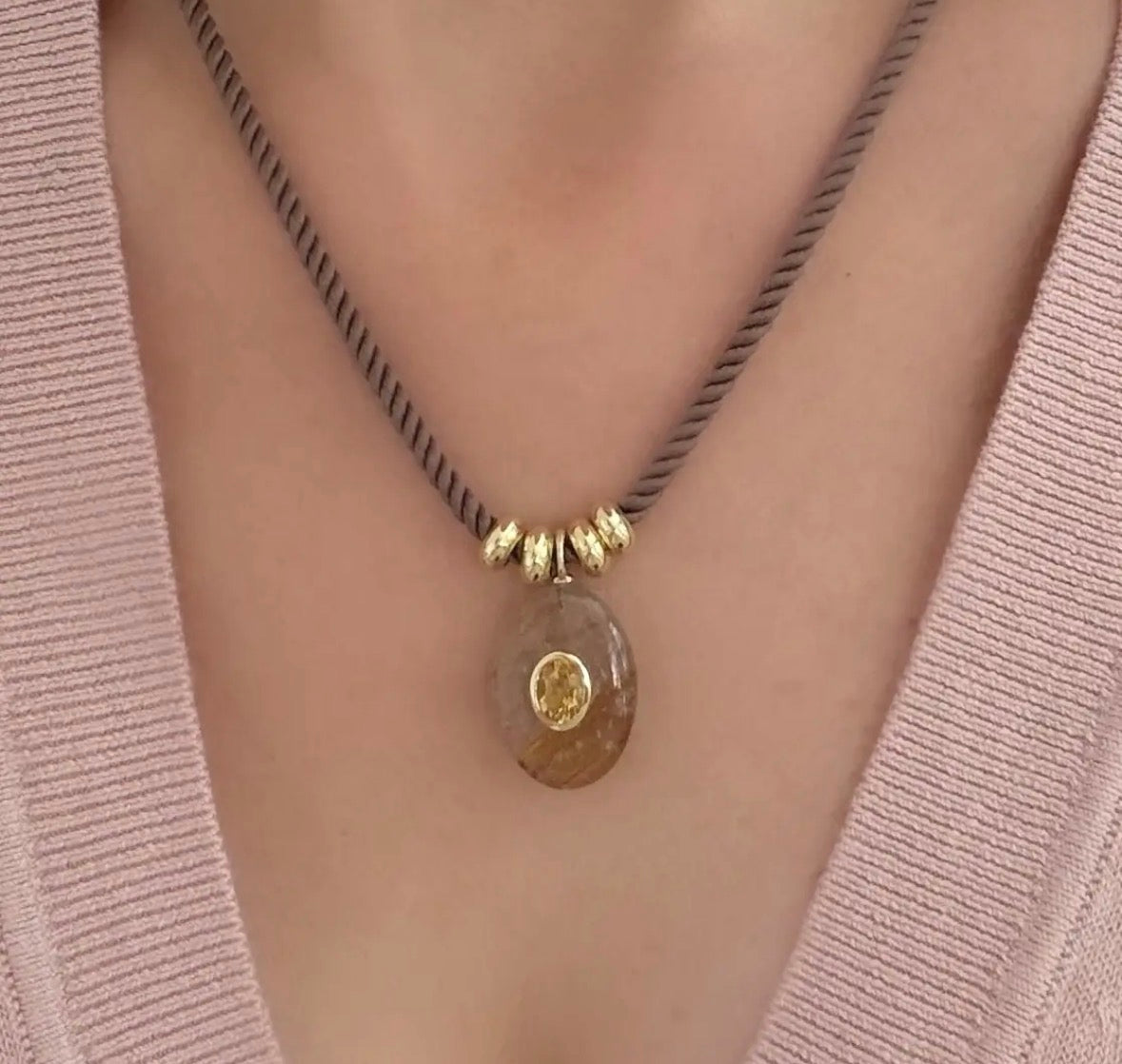 Rutilated Quartz and Citrine Charm on Cord Necklace