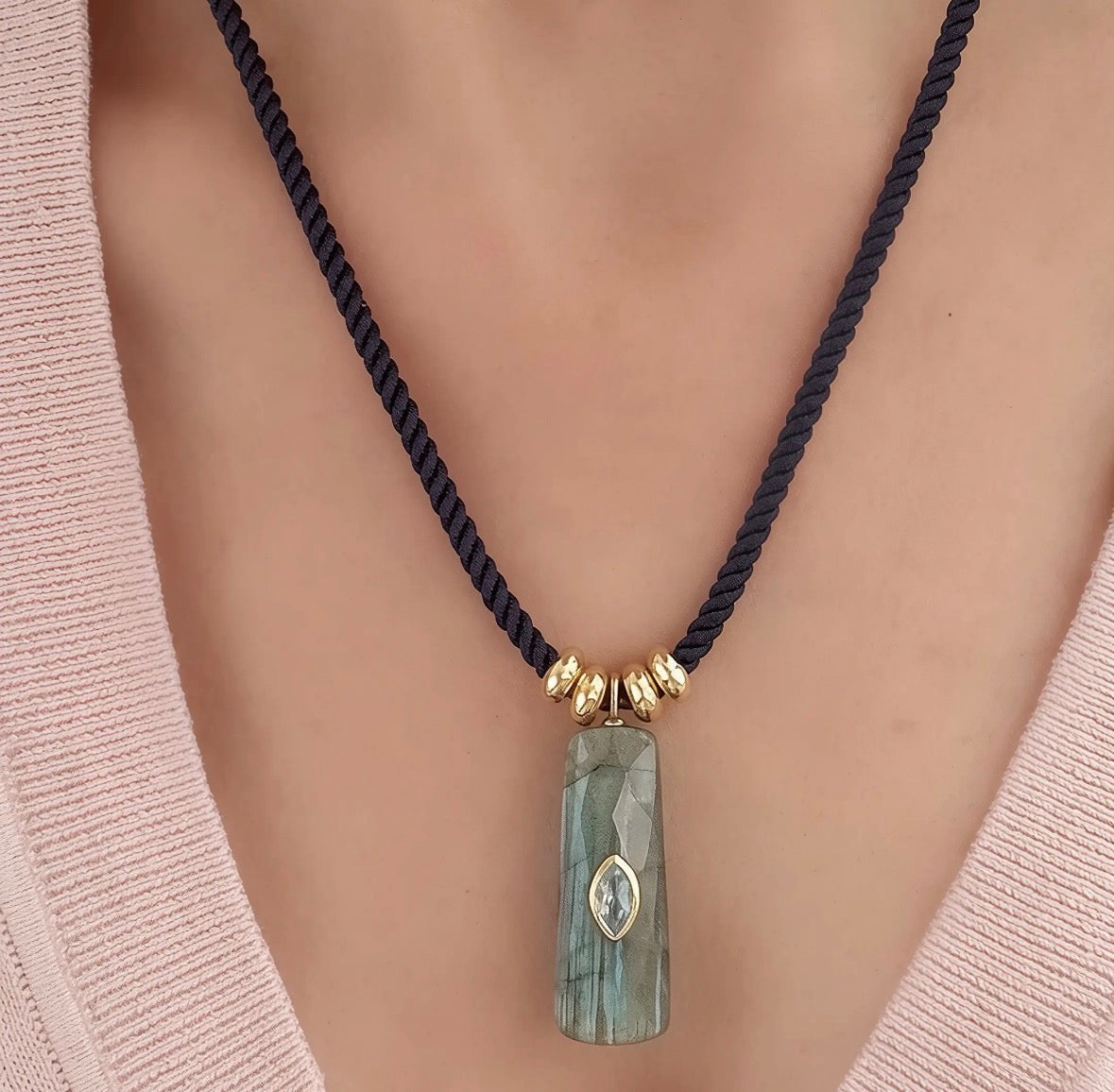 Labradorite and Topaz Charm on Cord Necklace