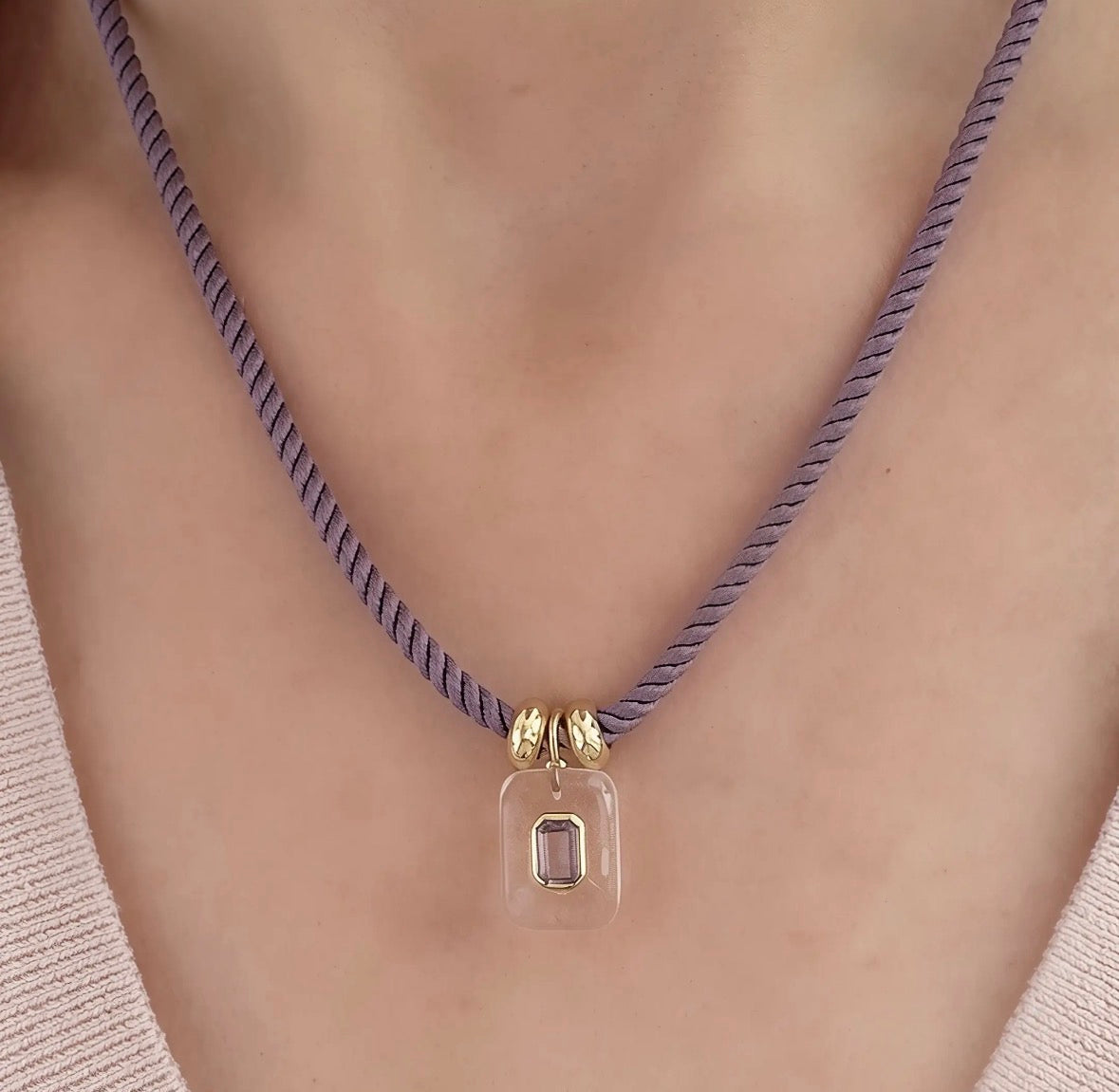 Amethyst and Quartz Purple Cord Necklace