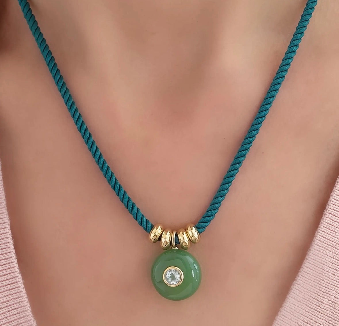 Chrysoprase and Topaz Charm on Green Cord Necklace