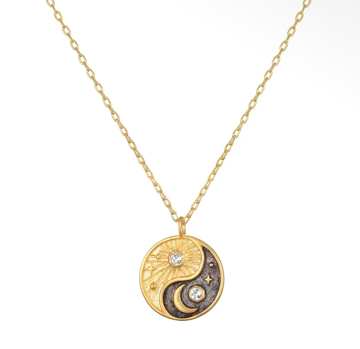 Gold and White Topaz Yin Yang Charm Necklace