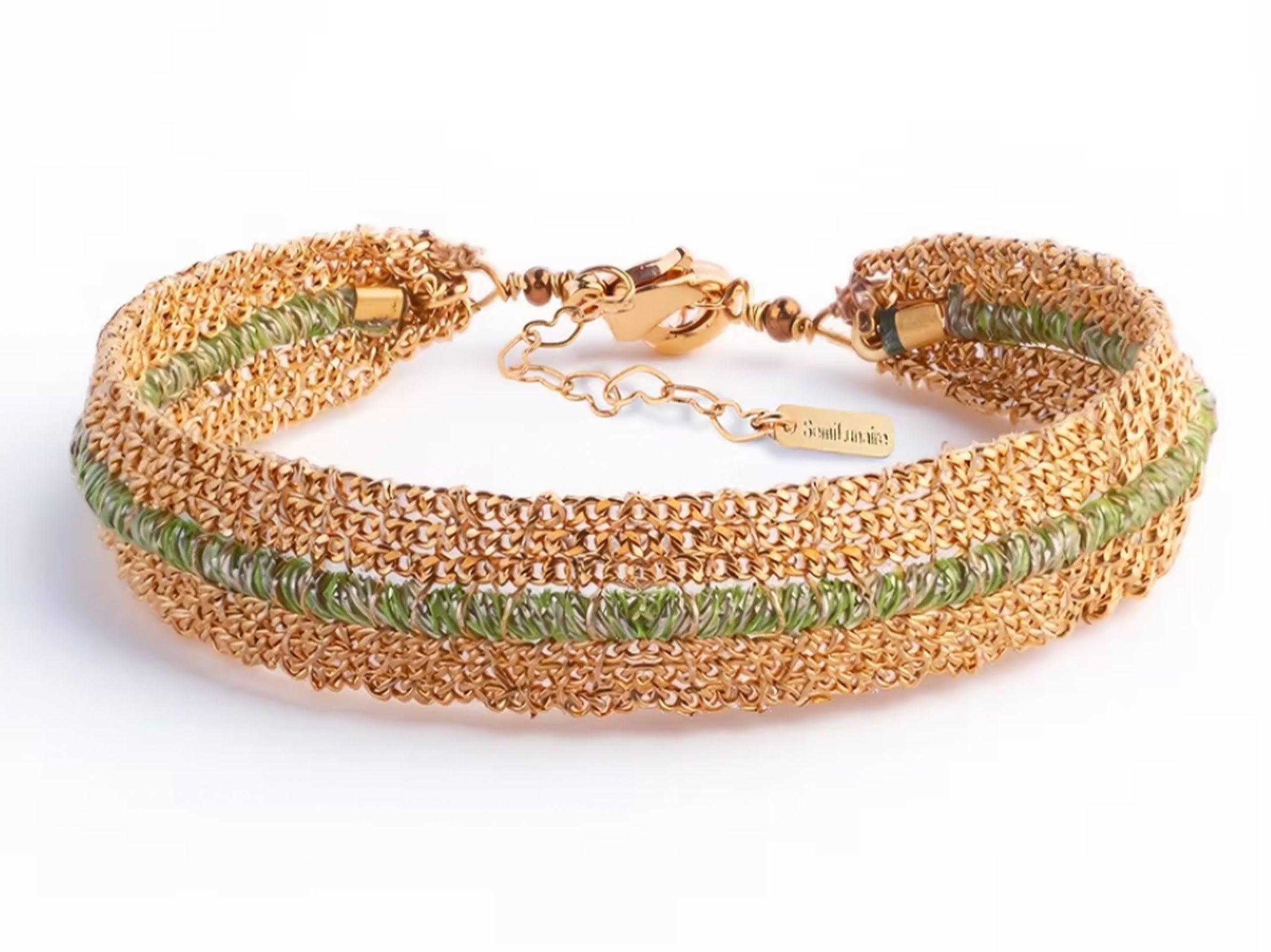 Woven Chain Bracelet with Khaki Thread Stripe