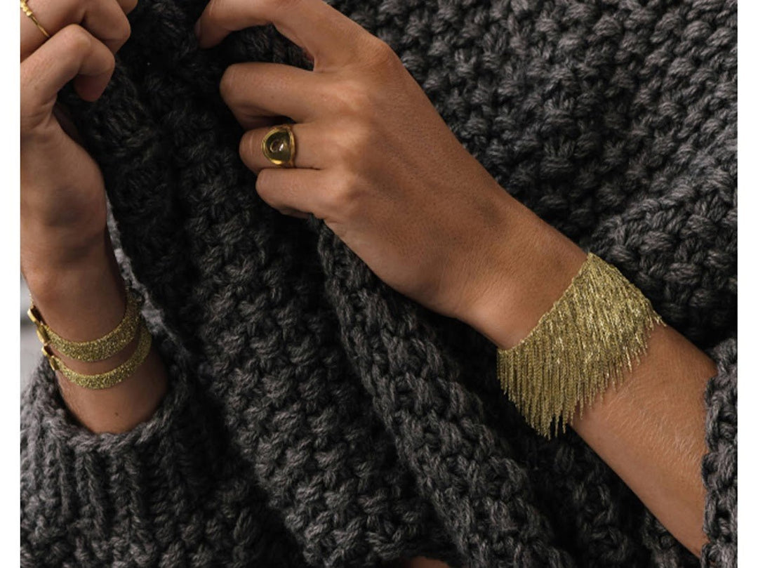 Wide Gold Woven Chain Bracelet with Fringe