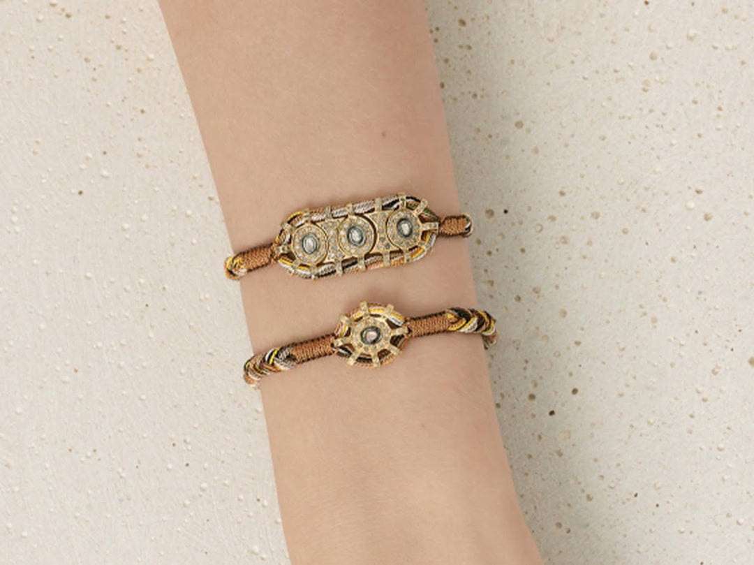 Caramel and Brown Woven Silk Bracelet with Diamonds