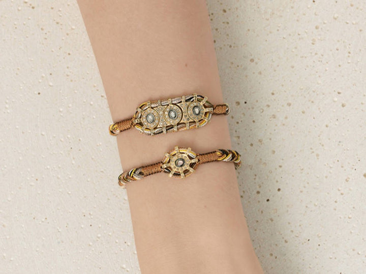 Caramel and Brown Woven Silk Bracelet with Diamonds