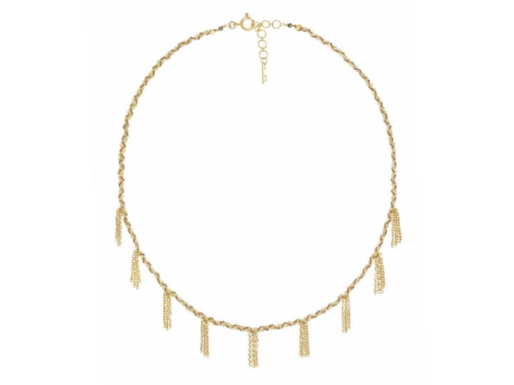 Gold Chain and Beige Silk Bracelet with Fringe