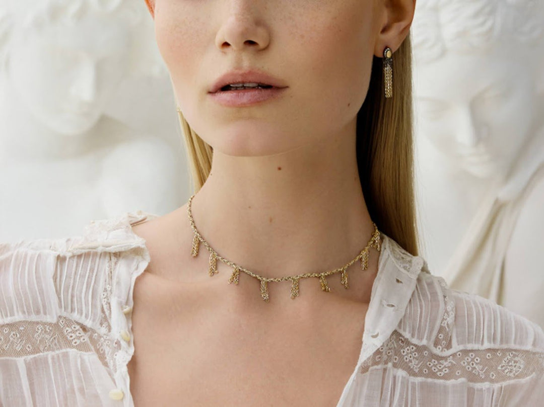 Gold Chain and Beige Silk Bracelet with Fringe