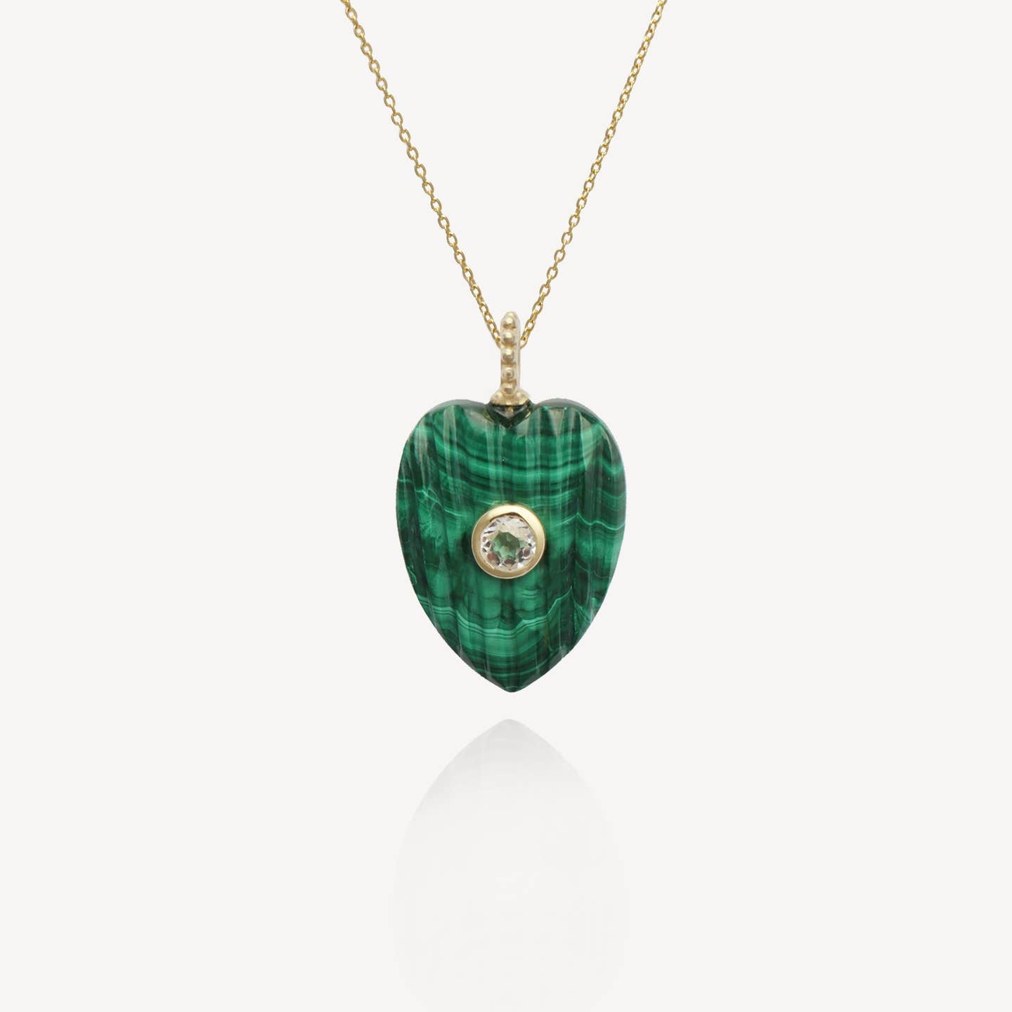 Malachite and White Topaz Ribbed Heart Charm Necklace
