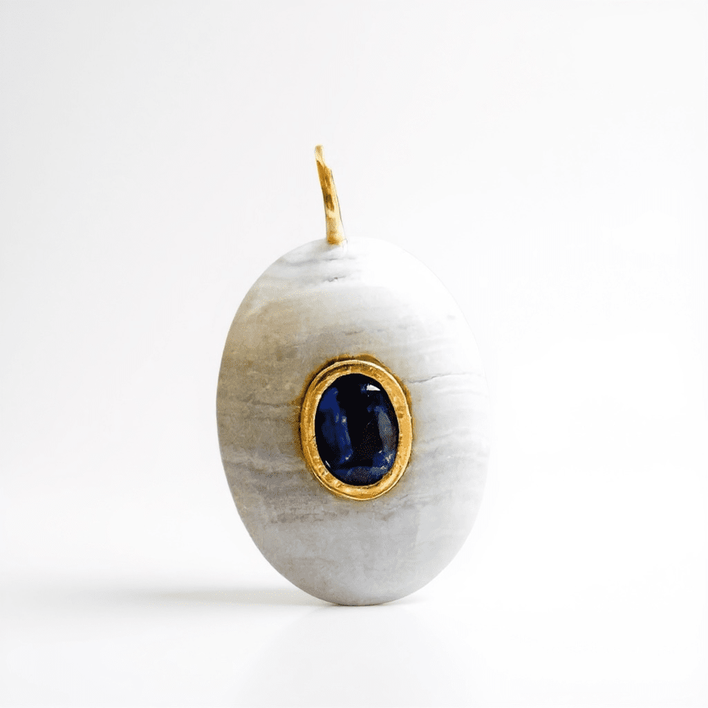 Handcarved Blue Lace Agate and Kyanite Charm