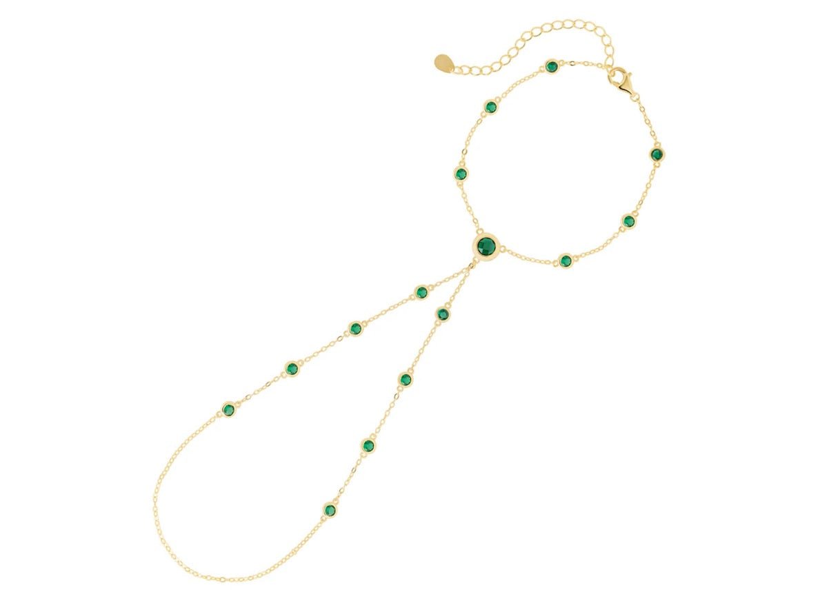 Gold Hand Chain Bracelet with Green CZs