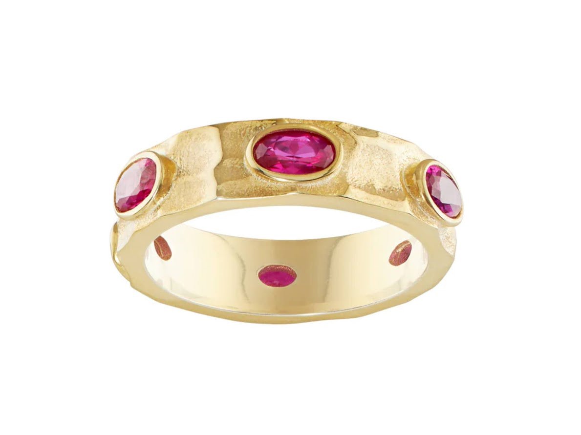 Gold Textured Band with Red CZs.