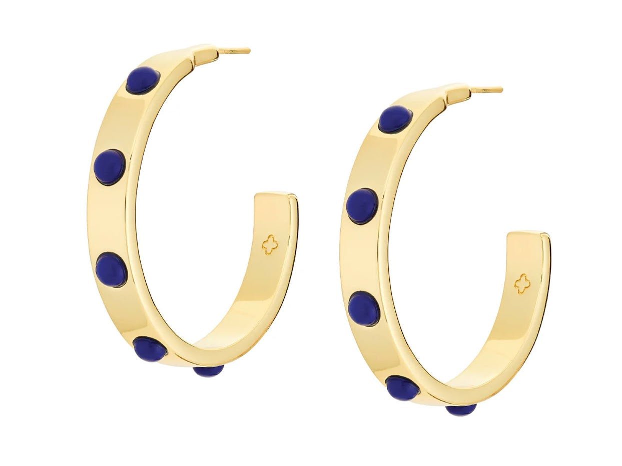 Gold Hoops with Lapis Cabochons