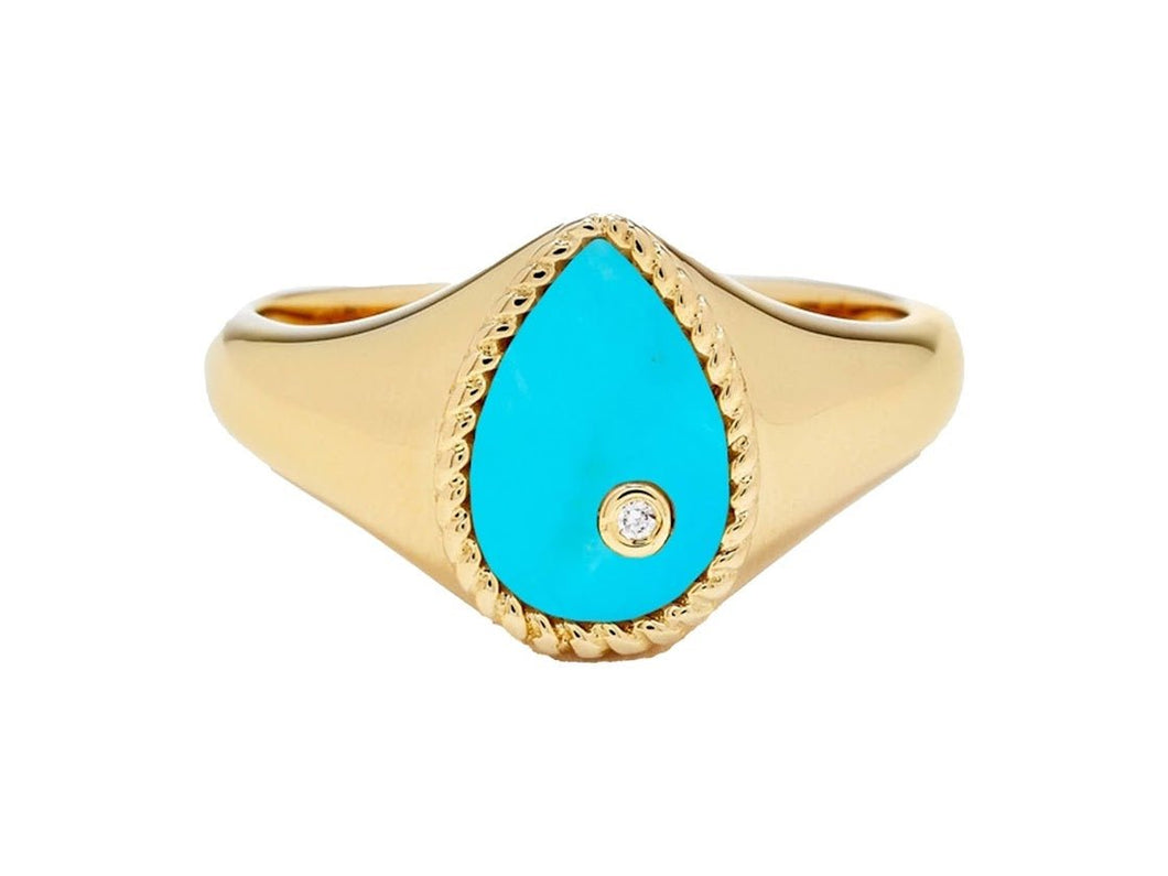 9k Turquoise Teardrop Signet Ring with Diamond
