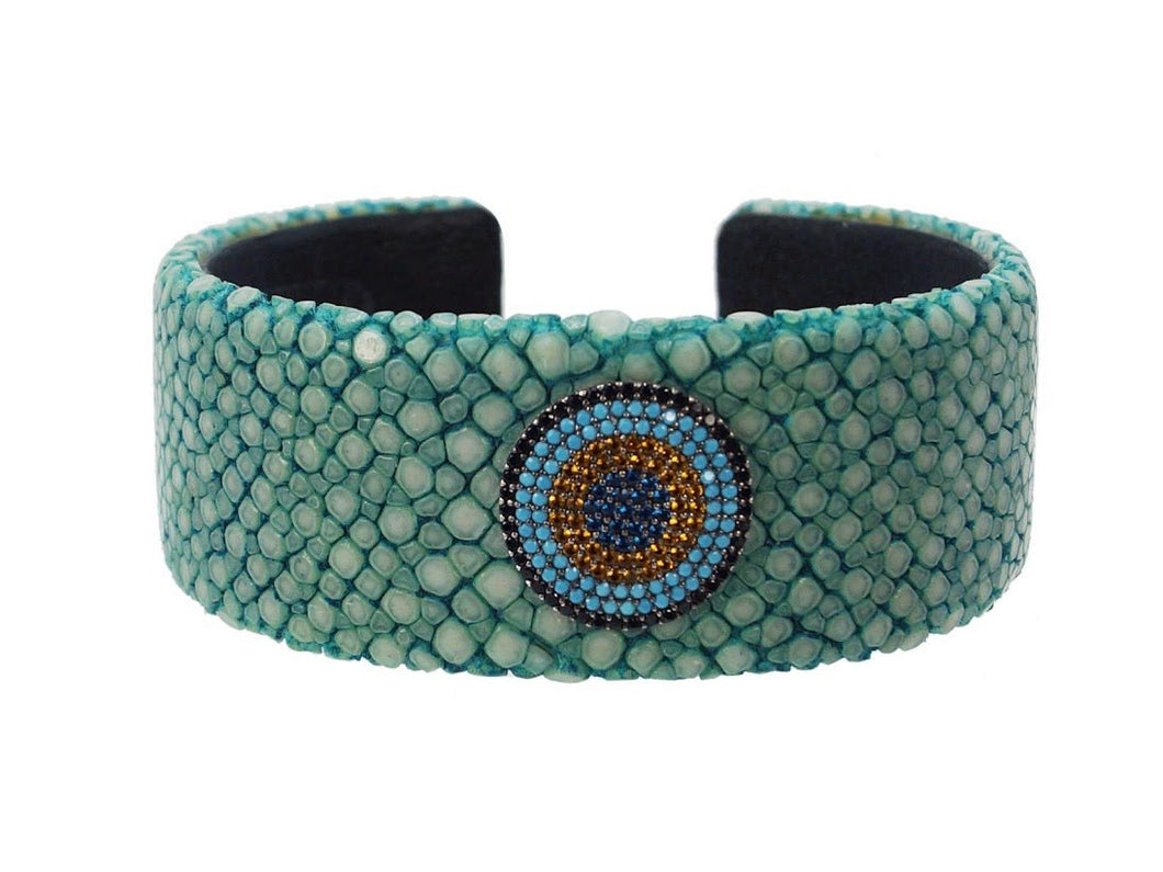 Narrow Turquoise Shagreen Cuff with Evil Eye