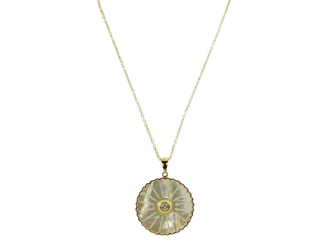 Sunflower Pendant Necklace with MOP, Enamel, and White Topaz