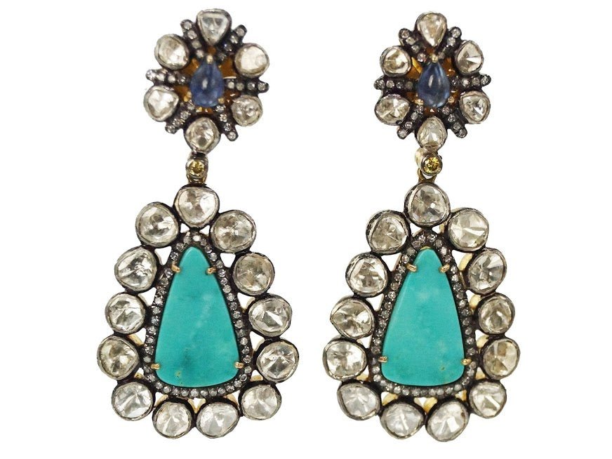 18k Turquoise, Diamond, and Sapphire Earrings