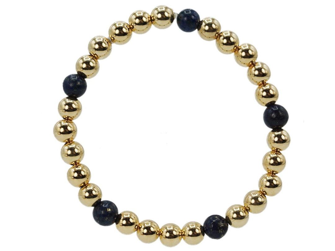 Gold 6mm Bead Bracelet with Five Lapis Beads