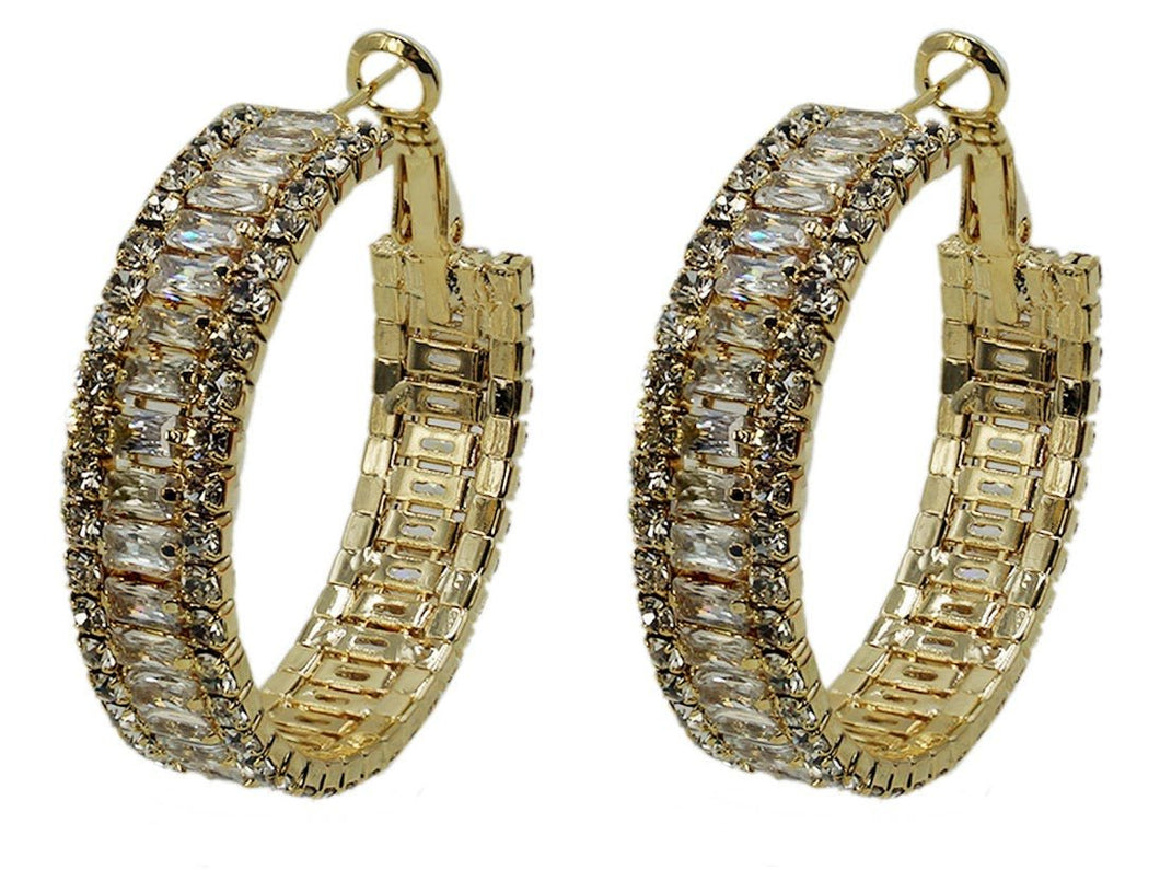 Gold Baguette and Round CZ Hoops