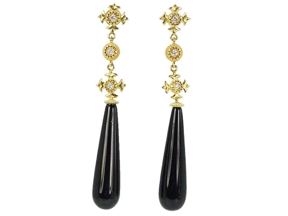 18k Gold Fleur De Lis and Black Onyx Earrings