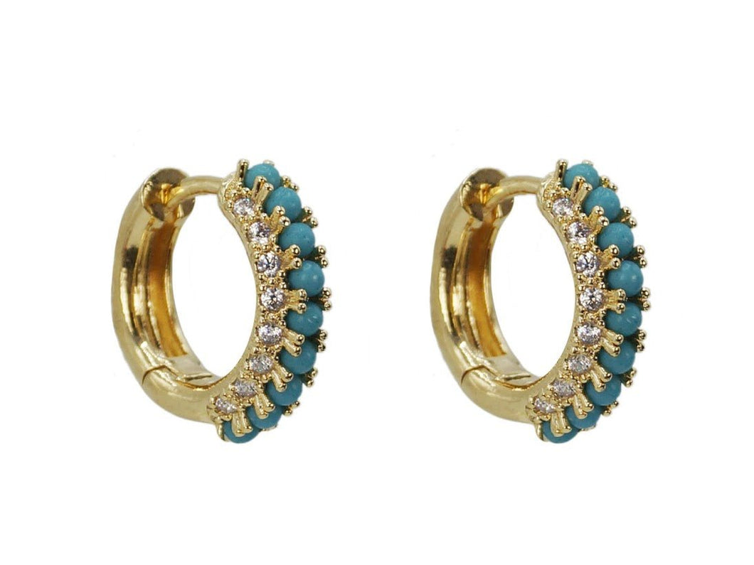 Turquoise and CZ Gold Huggie Earrings