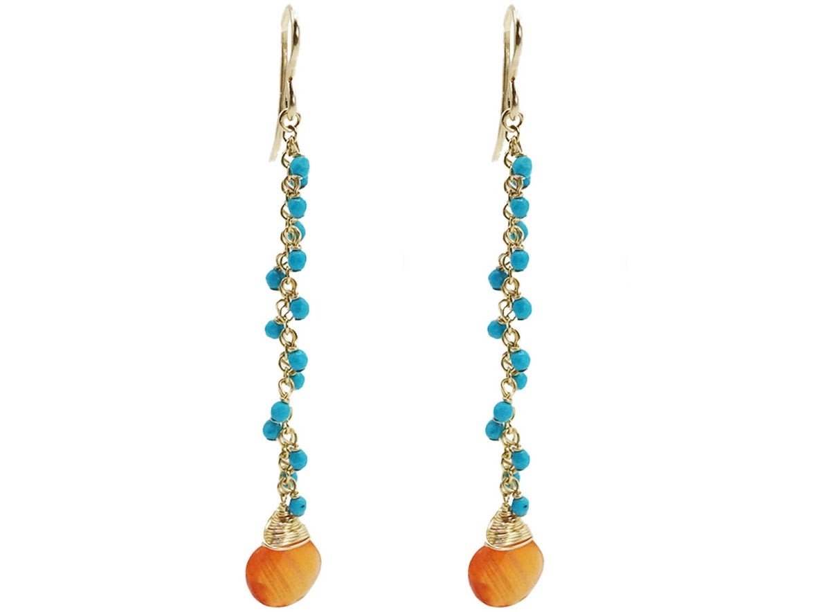 Long Drop Earrings with Turquoise and Carnelian