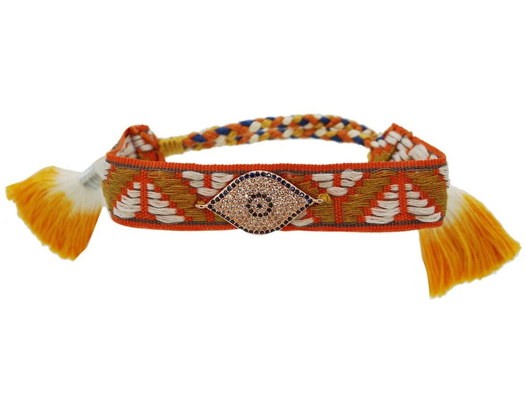 Orange Woven Evil Eye Bracelet with Tassels