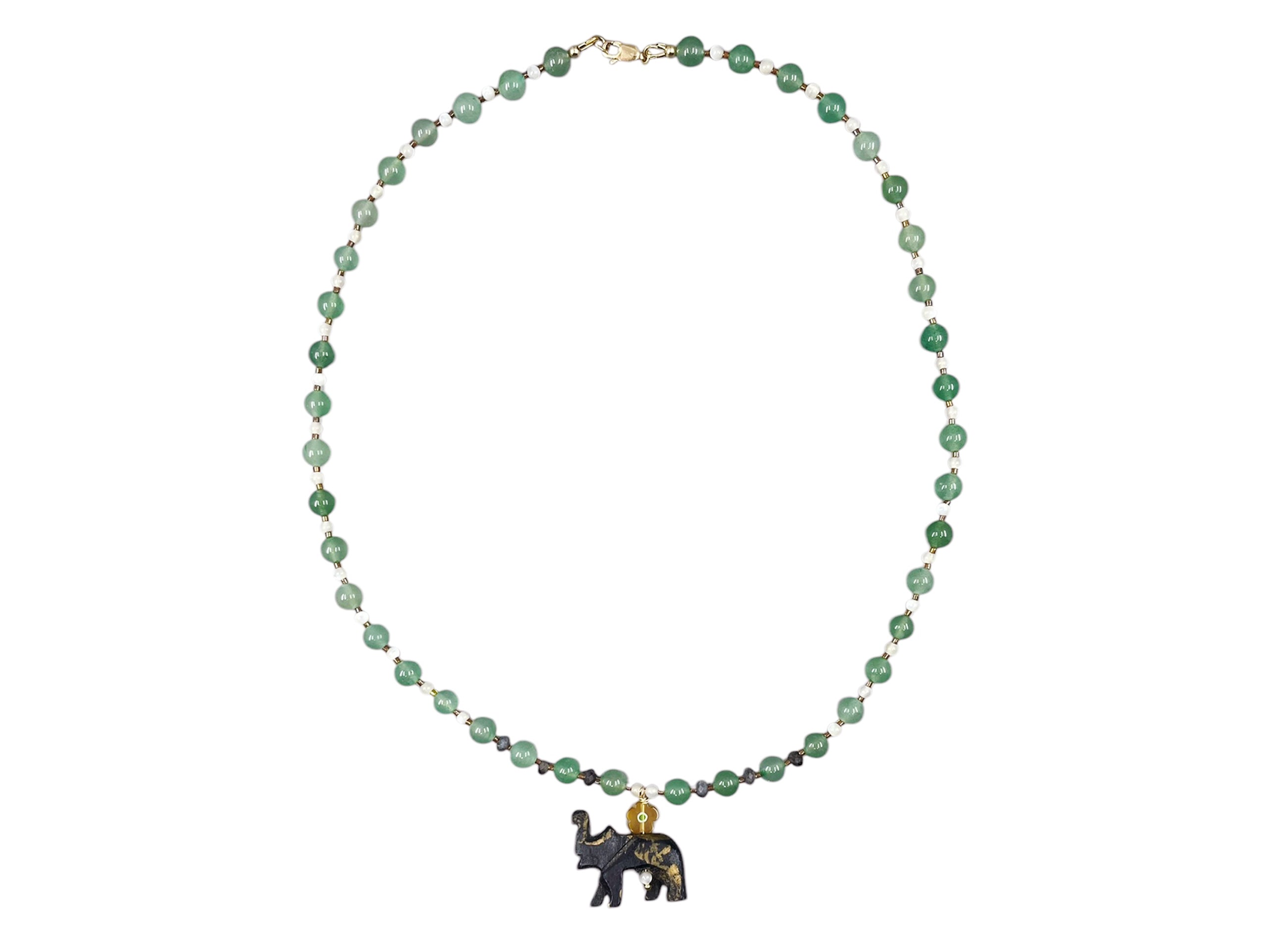 Green Aventurine, MOP, and Labradorite Necklace with Vintage Elephant Charm