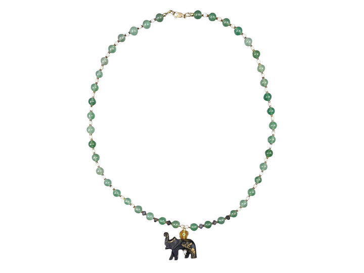 Green Aventurine, MOP, and Labradorite Necklace with Vintage Elephant Charm