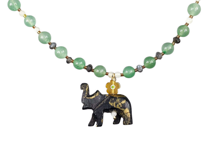 Green Aventurine, MOP, and Labradorite Necklace with Vintage Elephant Charm