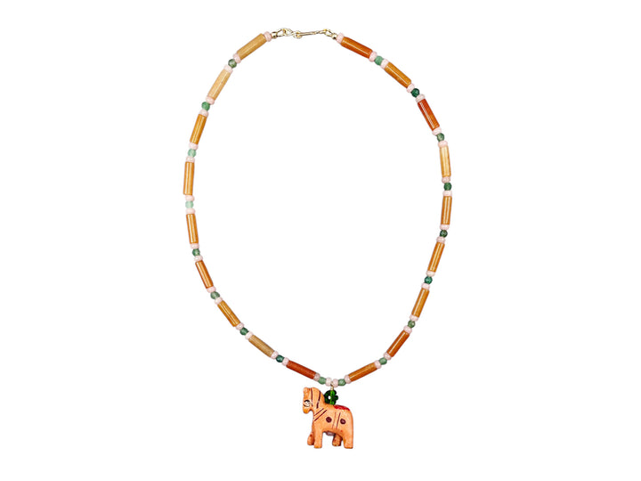 Red and Green Aventurine Bead Necklace with Pink Horse Charm