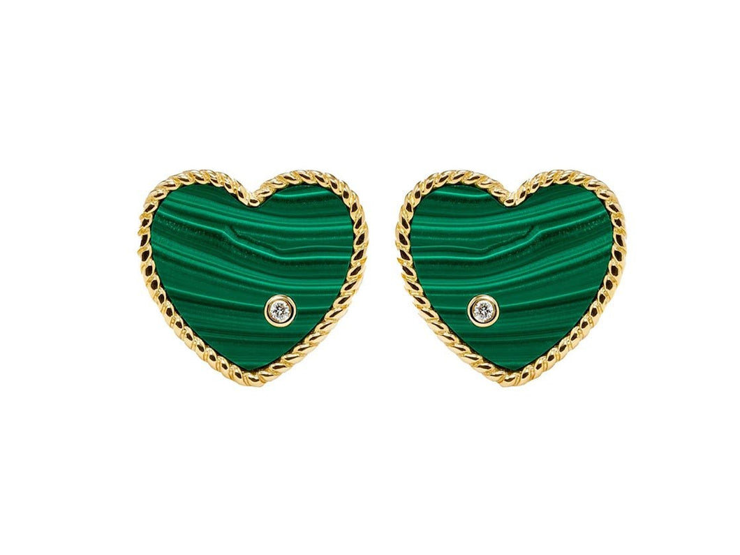 9k Malachite and Diamond Heart Earrings