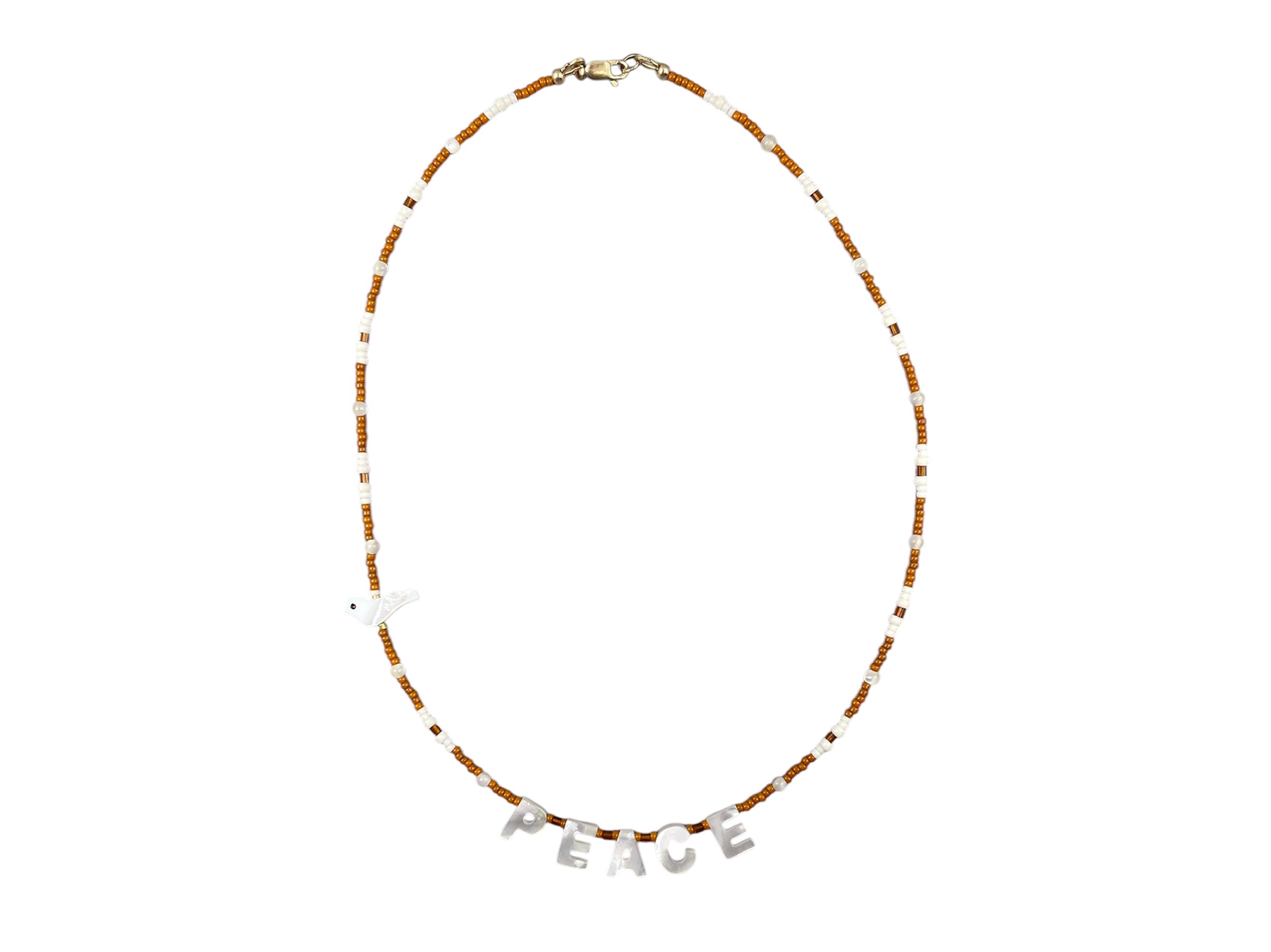 Brown Glass and MOP Bead Necklace with MOP PEACE and Dove Charm