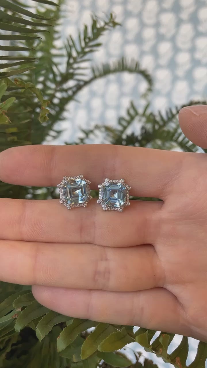 18k Asscher-Cut Blue Topaz and Diamond Studs