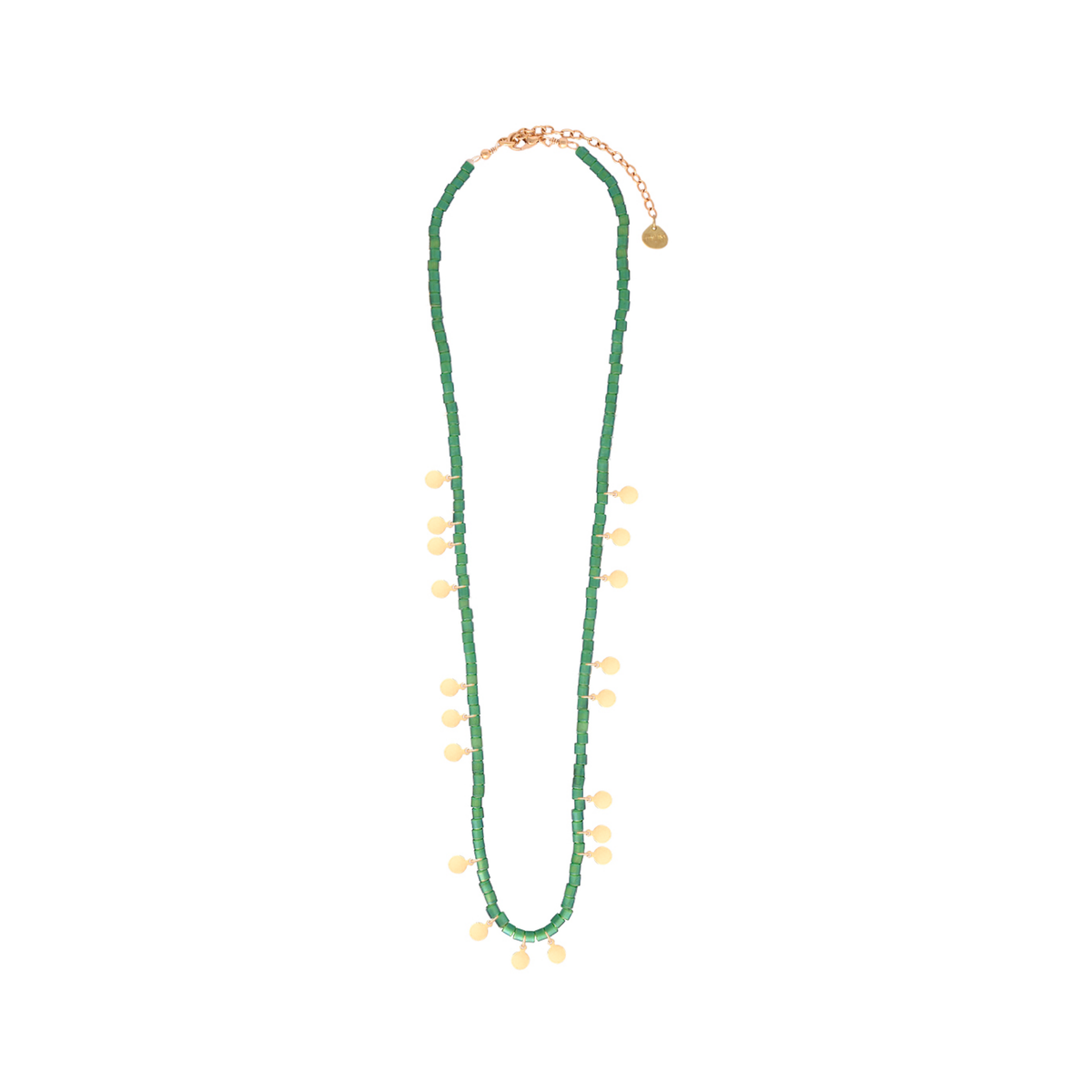 Green Bead Necklace with Gold Coin Charms