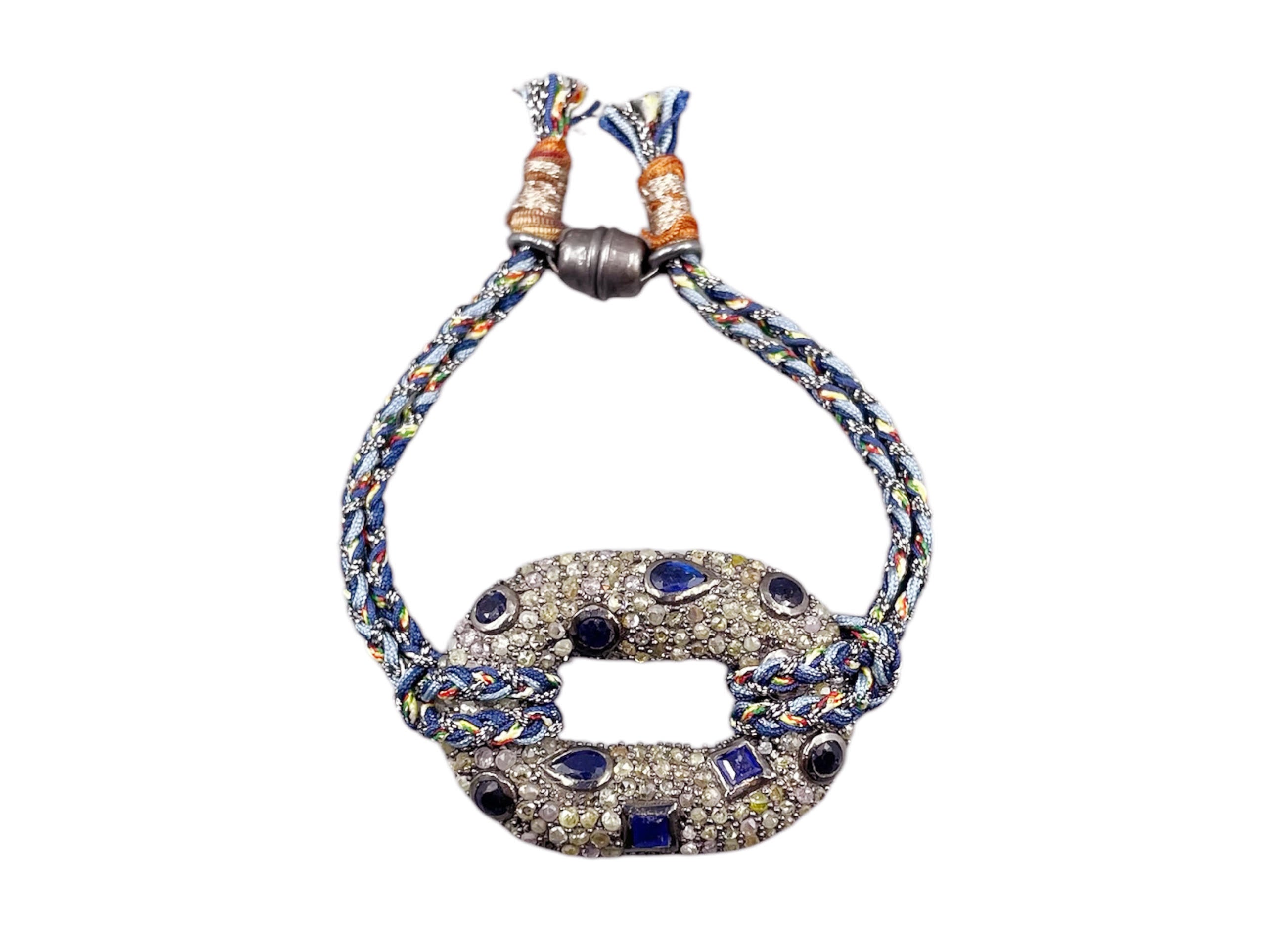 SS and Woven Silk Bracelet with Sapphire and Diamond Link