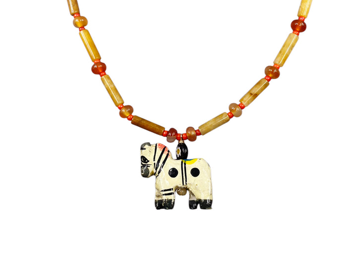 Brown Aventurine and Red Beaded Necklace with Antique Horse Charm