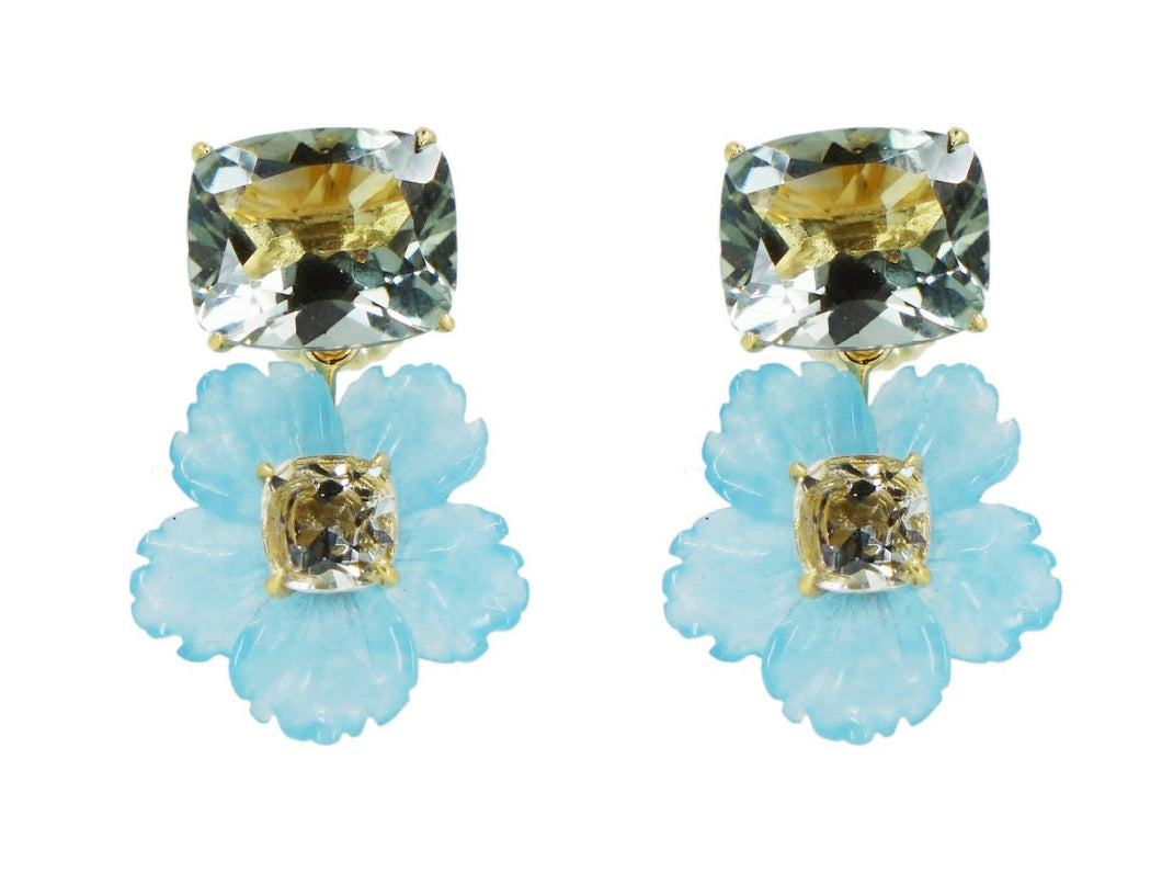 Green Amethyst with Blue Quartzite Flower Earrings
