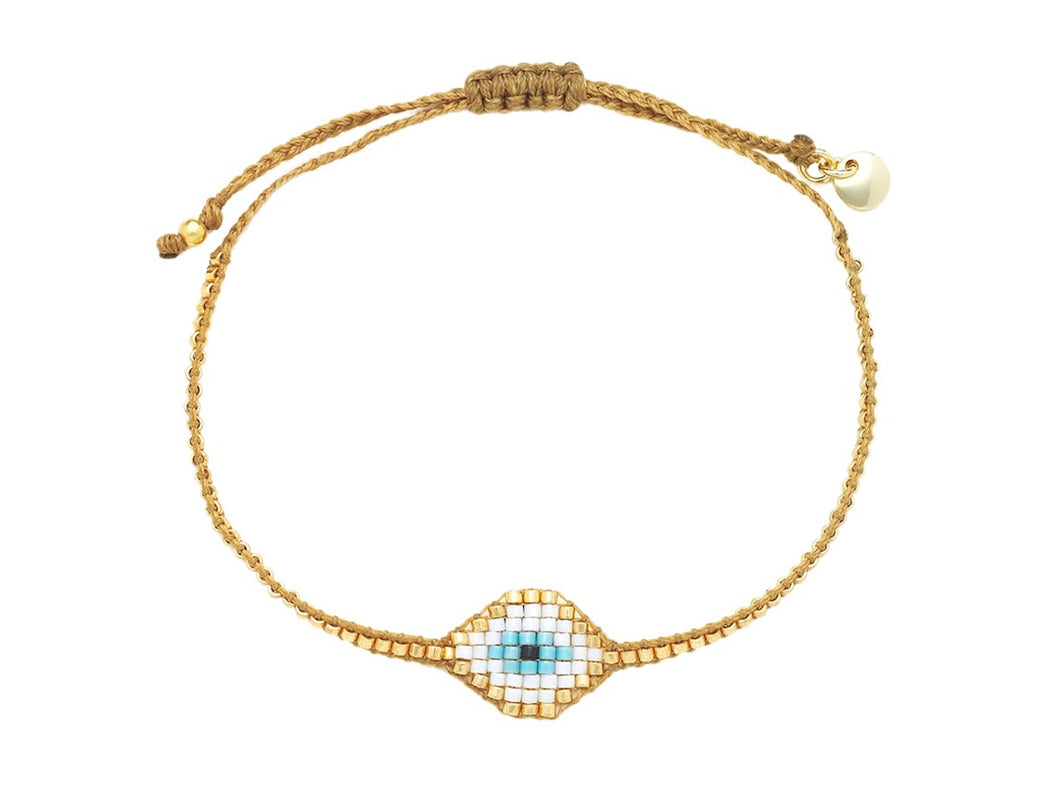 Gold Bead Bracelet with Woven Oval Evil Eye